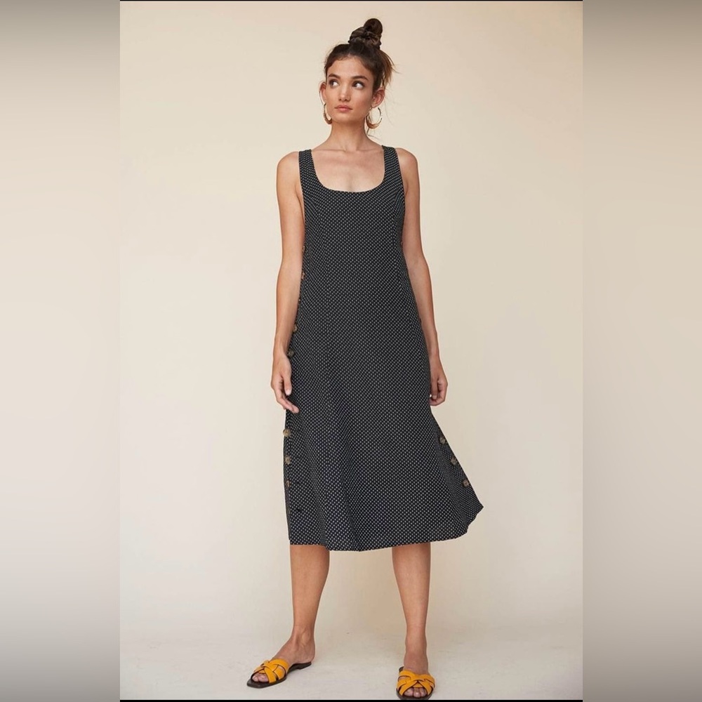LPA Black Polka-Dot Button-Side Midi Dress